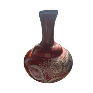 Vtg Folk art Pottery vase jug pitcher redware HAND PAINTED floral fern Mexico